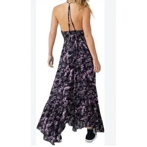 Heat Wave Maxi Dress Black Purple Smocked Floral Print Size S/M